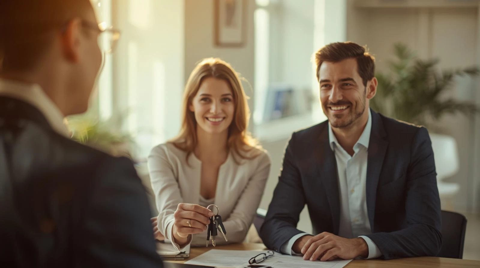 DEFISK -photo-professionnelle-couple-souriant-la-trentaine-tenant-des-cles-de-maison-assis-face-a-un-conseiller-financier-dans-un-bureau-moderne-et-lumineux-l